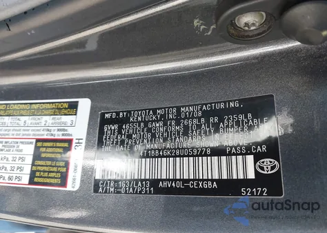 2008 Toyota Camry Hybrid z USA, uszkodzony, nr VIN 4T1BB46K28U059778